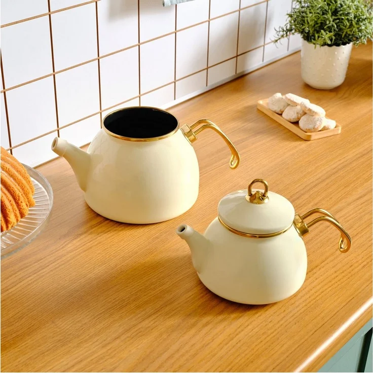 Karaca Teekanne Retro Emaille Teekannen Set, Creme Induktionsgeeignet – Bild 4