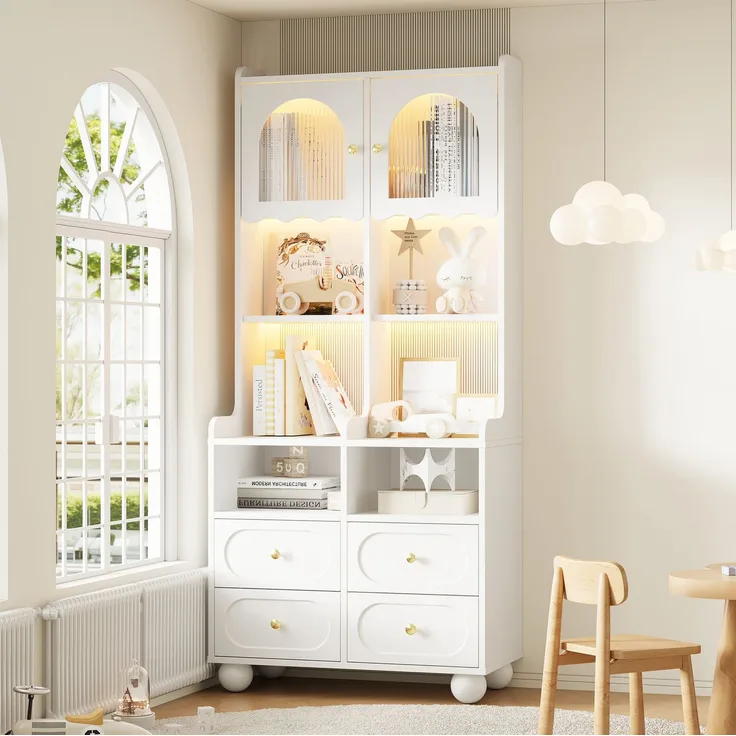Glasvitrine mit Rippglas, LED-Beleuchtung und 4 Schubladen, 80x40x180 cm, Weiß