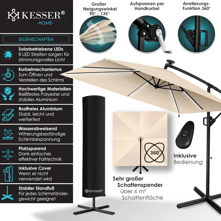 KESSER® Ampelschirm Holly Sonnenschirm Rechteckig mit und ohne LED Solar inkl. Abdeckung + Windsicherung mit Kurbel | Kurbel-Schirm mit Ständer UV-Schutz Aluminium Wasserabweisend Ø350cm Gartenschirm Beige, Mit LED – Bild 2