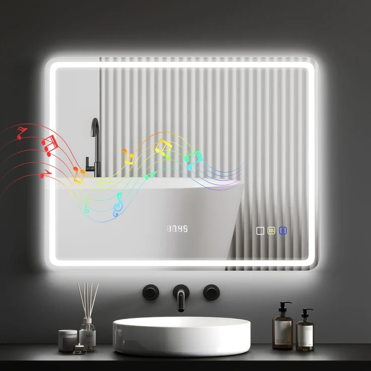 MELAYR, Badezimmerspiegel mit LED-Beleuchtung, Anti-Beschlags-Pad, 3 verstellbare Farben, Uhr, 700 x 900 mm, Silber – Bild 1