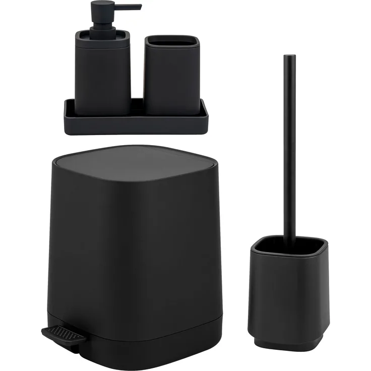 eluno Bad-Set VALONA 5tlg. mit Seifenspender, Becher, Schale, Kosmetikeimer 4,5 Liter und WC-Garnitur aus Kunststoff in Schwarz