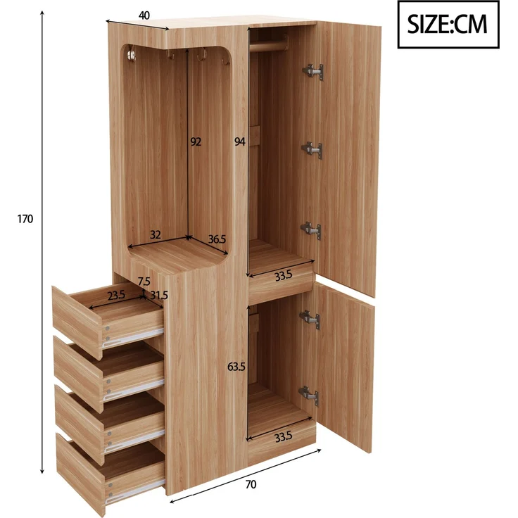 CHICFURN Kleiderschrank 70x170x40 cm mit 4 Schubladen und offenem Hängefach – Weiß/Naturholz – Bild 8