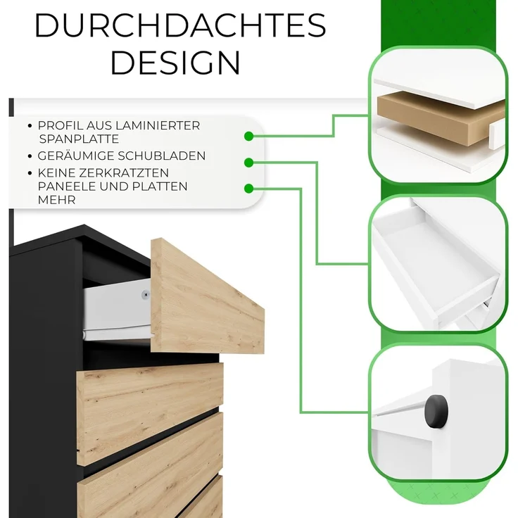CDF Kommode Malwa M5 | Farbe: Anthrazit - Eiche Artisan | Schrank für Dokumente, Kleinigkeiten | Ideal für Wohnzimmer, Schlafzimmer, Kinderzimmer, Jugendzimmer und Büro | 5 geräumige Schubladen – Bild 4