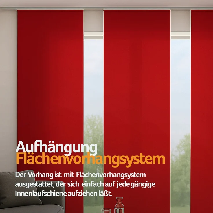 Flächenvorhang mit Klettband, Paneelwagen und Schleuderstab, ( BxL ) 60x245 cm in , blickdichte Schiebegardine mit Klett in vielen Farben Rot – Bild 7
