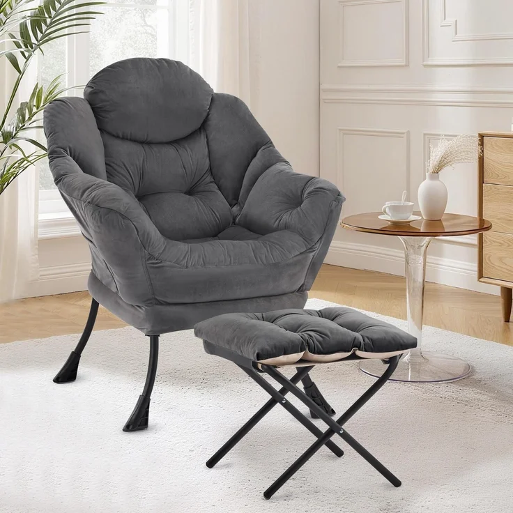 Sessel Lazy Chair Ottomane Ohrensessel Hocker Dunkelgrau – Bild 1