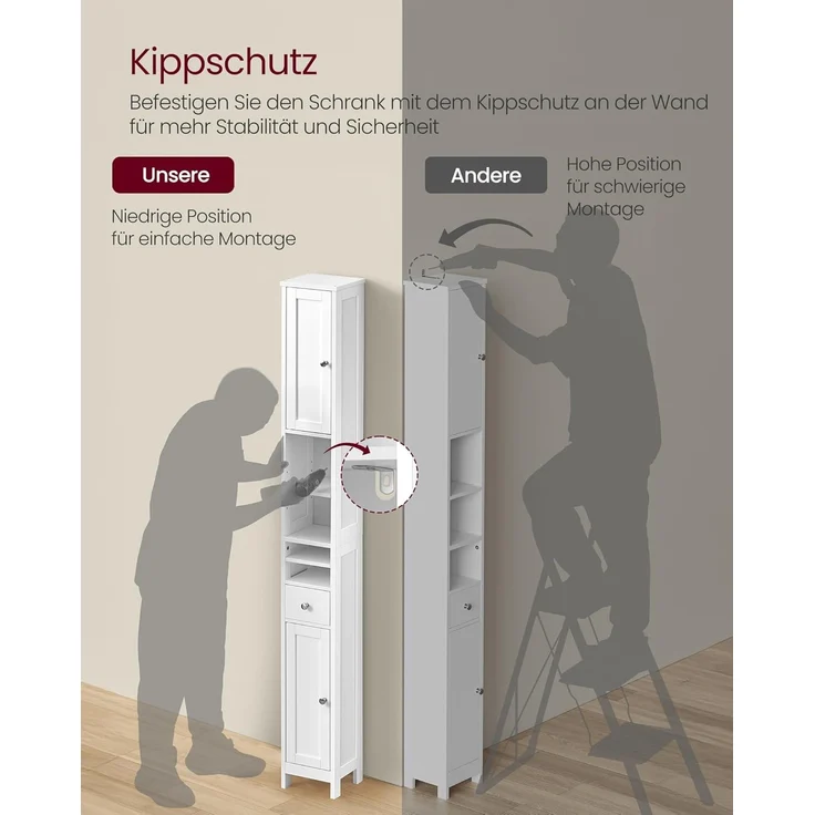 VASAGLE Badezimmerschrank, Badschrank, hoch, schmaler Aufbewahrungsschrank, mit verstellbaren Ablagen, Schublade, offenen Fächern, für kleine Räume, modern – Bild 7