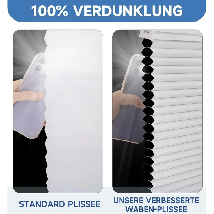 Sekey Wabenplissee Ohne Bohren Verdunkelung Rollo 100% verdunkelnd Blickdicht, Klemmfix, Aluminiumschiene, ZWeißeitig wählbar in Weiß & Grau 95x120cm – Bild 5