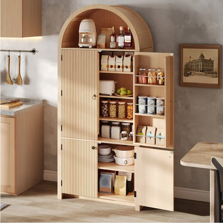 HAUSS SPOLE Hochschrank für Küche & Esszimmer,Bogenschrank Küchenschrank mit Türablagen,Natur (Aufbewahrungsschrank Highboard 180×80×40cm für Wohnzimmer oder Esszimmer) Wohnzimmerschrank mit offenem Oberfach,Vintage-Optik – Bild 1