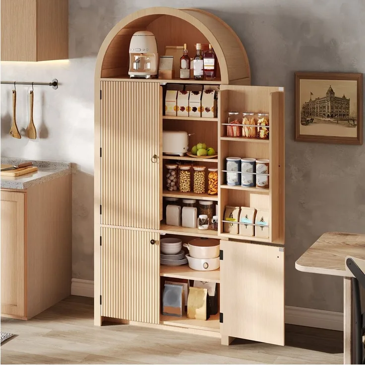 HAUSS SPOLE Hochschrank für Küche & Esszimmer,Bogenschrank Küchenschrank mit Türablagen,Natur (Aufbewahrungsschrank Highboard 180×80×40cm für Wohnzimmer oder Esszimmer) Wohnzimmerschrank mit offenem Oberfach,Vintage-Optik