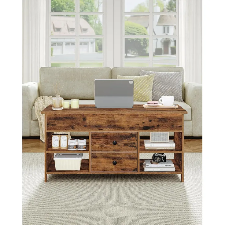 Couchtisch, höhenverstellbarer Wohnzimmertisch, Sofatisch, 2 Schubladen und Versteckter Stauraum, 50 x 100 x 47,3-61,3 cm, für Wohnzimmer, Esszimmer, Büro, Vintage Braun-Schwarz