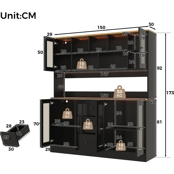 Küchenschrank, hoher Aufbewahrungsschrank mit LED-Beleuchtung und Steckdosen, Vorratsschrank mit 6 Acryltüren und 3 Schubladen, Vitrinenschrank für Wohnzimmer und Esszimmer, 150 × 40 × 173 cm--Schwarz + Natur--150x40x173cm--YOUDENOVA – Bild 4