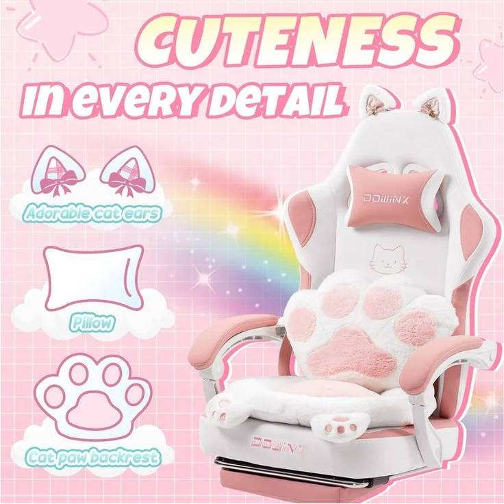 Dowinx Gaming-Stuhl Rosa Bürostuhl mit Kissen mit Katzenohren und Katzenpfoten (Packung), Ergonomischer Computerstuhl mit Fußstütze, PC-Spiele-Stuhl für Mädchen – Bild 2