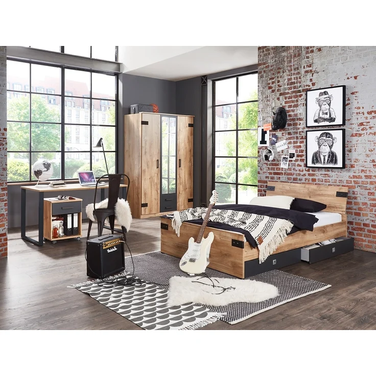 Jugendzimmer Set 6-teilig mit Bett 140cm 2 Bettschubkästen Kleiderschrank EVERTON-43 Schreibtisch mit Rollcontainer – Bild 1