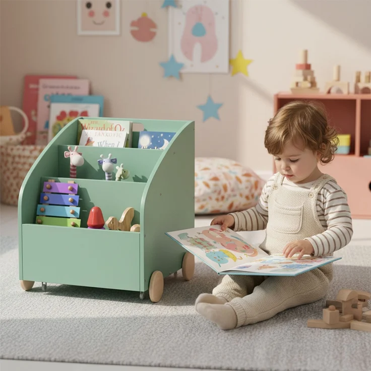 Bellabino 'Towy' Kinderbücherregal, grün, 43x40x43 cm, Holz, Spielzeugregal mit 3 Ablagefächern und Geheimfach – Bild 2