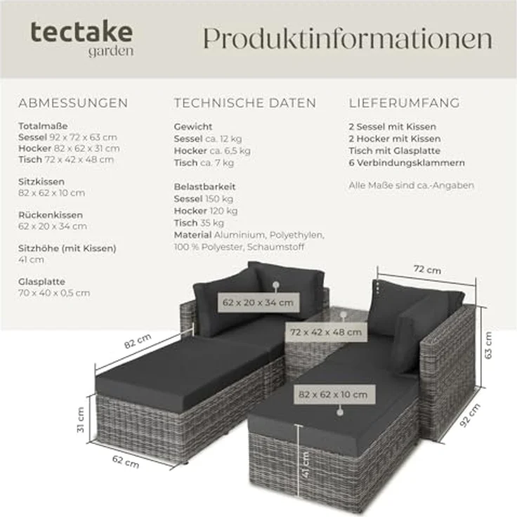 tectake Loungeset Rattan Lounge, (Set, 5-tlg), mit Aluminiumgestell – Bild 7