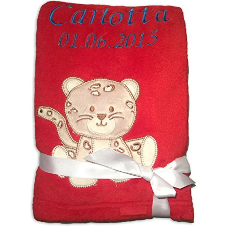 KIDDI-MEDIA Babydecke mit Name und Geburtsdatum Bestickt/kuschelig weich / 1A Qualität (Rot - Leopard) – Bild 3