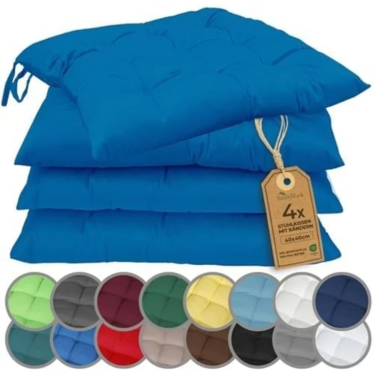 NatureMark 4er Set Stuhlkissen mit Bändern Gr. 40x40 cm Sitzkissen gefüllt, Royal Blau – Bild 1