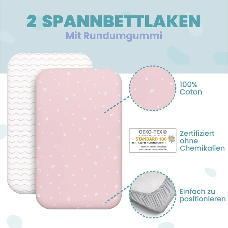 2X Spannbettlaken aus 100% Baumwolle mit Gummiband - 1X Matratzenschoner aus 100% wasserdichtem Material - 3er-Set - 55x90 cm - Rosa – Bild 5