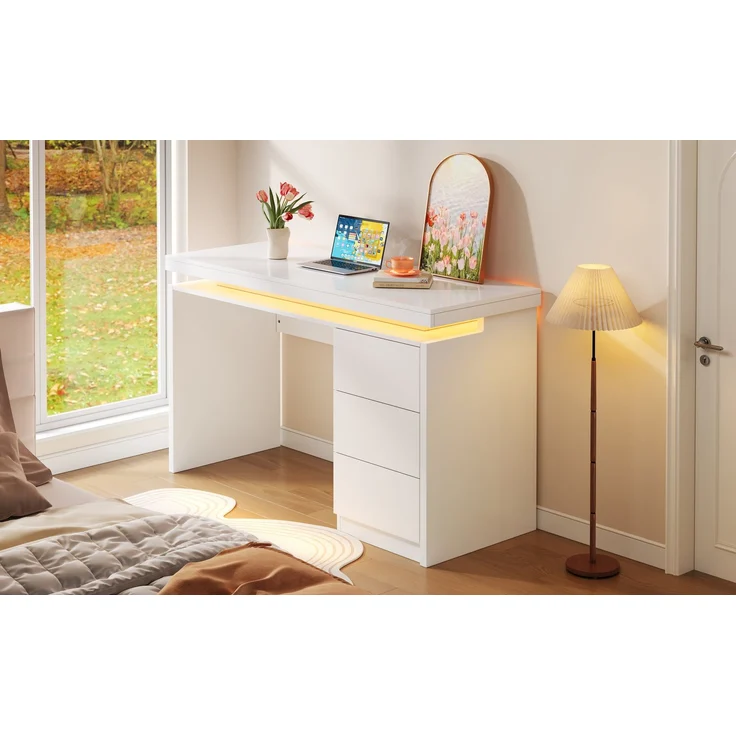 ZUBALIYA Moderner LED-Schreibtisch 120×50×78,5 cm – Computertisch mit drei Schubladen, verlängerter und verbreiterter Arbeitsfläche, verstärkten Beinen, einstellbarer LED-Beleuchtung, geeignet für Homeoffice – Bild 14