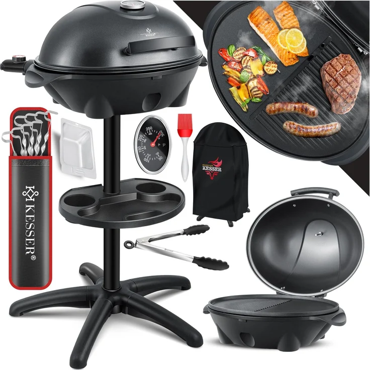 KESSER® elektrischer Elektrogrill 2in1 Tischgrill - Standgrill mit Deckel Standfuß | max. 2400 Watt Thermometer | Antihaftbeschichtung | XXL Grillplatte | integrierte Ablagefläche Elektro-Säulengrill Schwarz - Set – Bild 1