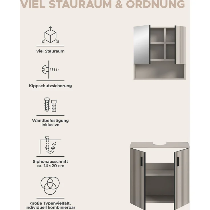xonox. home – Badkombination Mone 60 x 180 x 30 cm in Kaschmir Nachbildung – 2-teiliges Set bestehend aus Waschbeckenunterschrank & Spiegelschrank – Ideale Lösung für kleine Bäder, modern & pflegeleicht – Bild 10