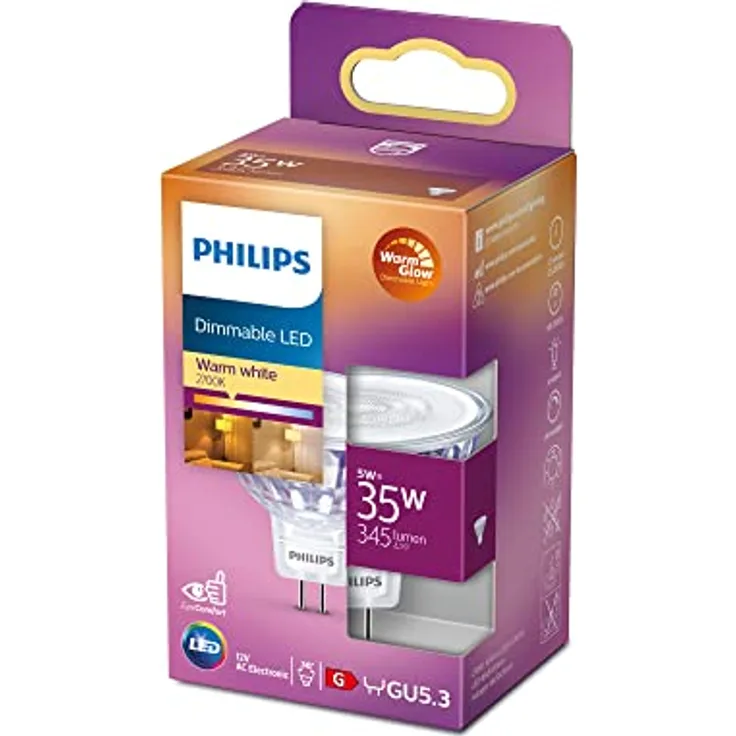 Philips GU5.3 LED Reflektorlampe, dimmbar, 5W / 35W, Warm Glow, 345 lm, EEK: G