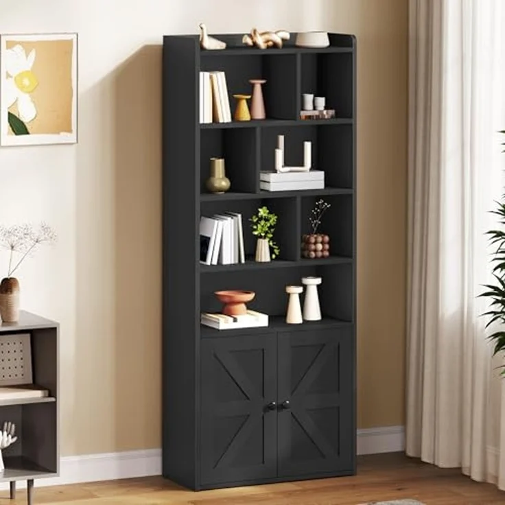 YITAHOME 4-stöckiges Bücherregal mit Türen und Schrank, freistehendes Bücherregal mit offenen Fächern für Zuhause, Büro, Wohnzimmer und Schlafzimmer, Schwarz, 60 x 30 x 159 cm – Bild 1