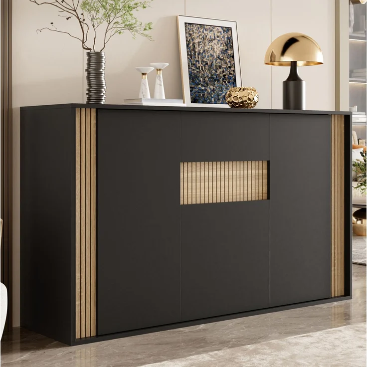 DESVIAE Sideboard Schwarz/Natur aus Spanplatte – 140x82x40 cm – 3 Türen, Schublade, LED-Beleuchtung – Bild 5