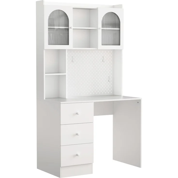 Schreibtisch 100 x 55 x 180 cm mit Pinnwand, Glasfronten und 3 Schubladen – MDF, Weiß – Bild 6