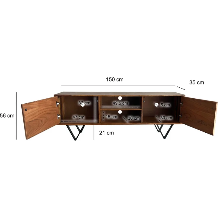 FineBuy Lowboard Sheesham Massivholz 150x56x35 cm TV-Kommode mit Steinoptik Weiß, Design TV-Schrank Hoch, Fernsehtisch Fernsehschrank Modern zwei Türen, Fernsehkommode Wohnzimmer mit Metallbeine – Bild 3