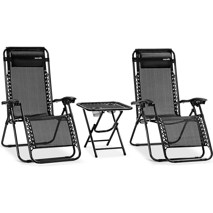 SereneLife Liegestuhl, Gartenliege Klappbar, Strandliege, Sonnenstuhl als Gartenbett mit atmungsaktivem Textil, Verstellbar zum Liegen für Garten & Camping mit Seitentisch, Kopfkissen & Getränkehalter