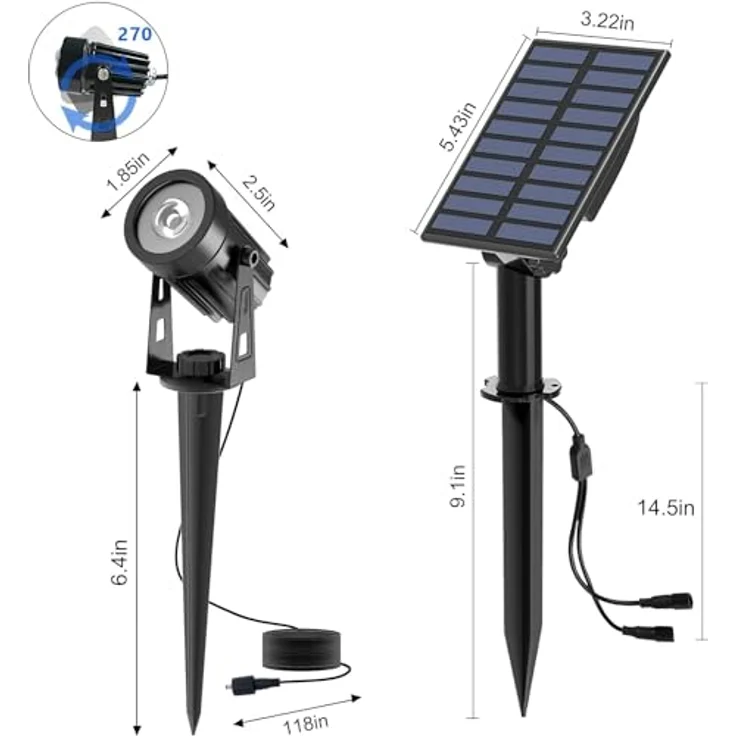 T-SUN Solar Gartenleuchte, 2 Stück Solarstrahler mit IP65 Wasserschutz, 2 Helligkeitsstufen, 3 Meter Kabel, automatischer Ein/Aus-Funktion, 6000K Kaltweiß – Bild 5