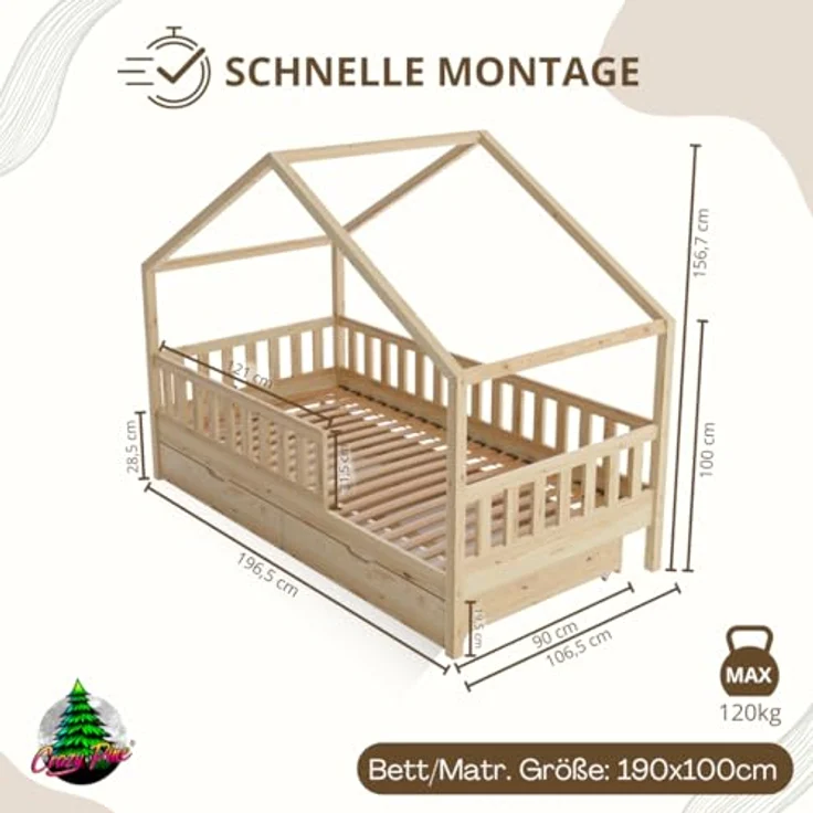 Crazy Pine 'Crazy House' Hausbett mit abnehmbaren Rausfallschutz, Naturholz, Natur, 100x190 cm, mit Schubladen – Bild 3