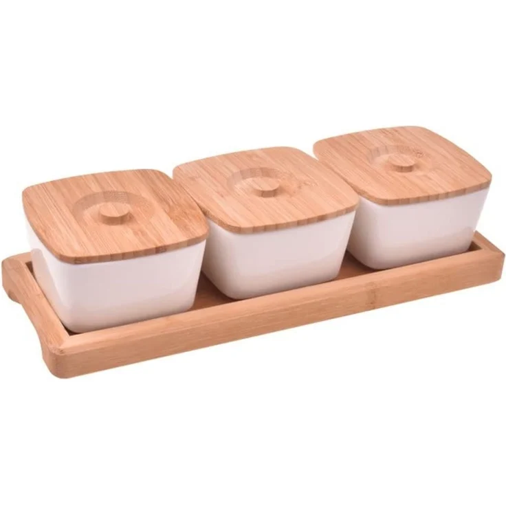 hausleben Dipschale Dipschalen Set mit 3 Schälchen + 3 Bambusdeckel und Tablett aus Bambus, (1-tlg), Tablett aus Bambus – Bild 1