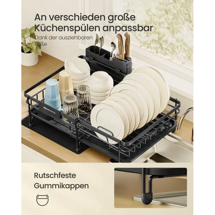 SONGMICS Geschirrständer ausziehbar, Stahl, Abtropfgestell, platzsparend, drehbarer Ablauf, schwarz – Bild 3