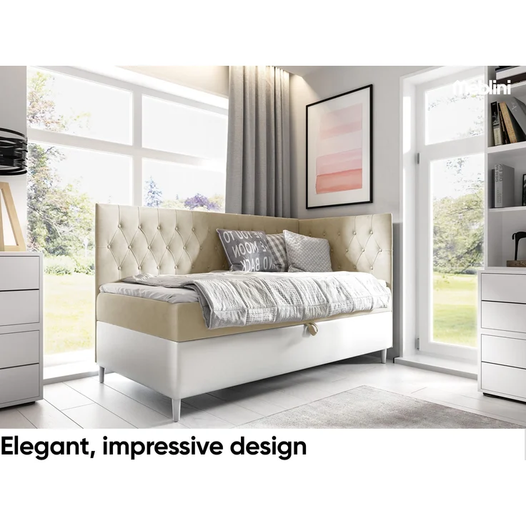 MEBLINI Kinderbett mit Bettkasten FILIPPO 3 80x200 Rechts - H3/Beige Samt Gepolstert Einzelbett mit Matratze - Polsterbett mit Stauraum - Bett mit Kopfteil – Stauraumbett – Bild 2