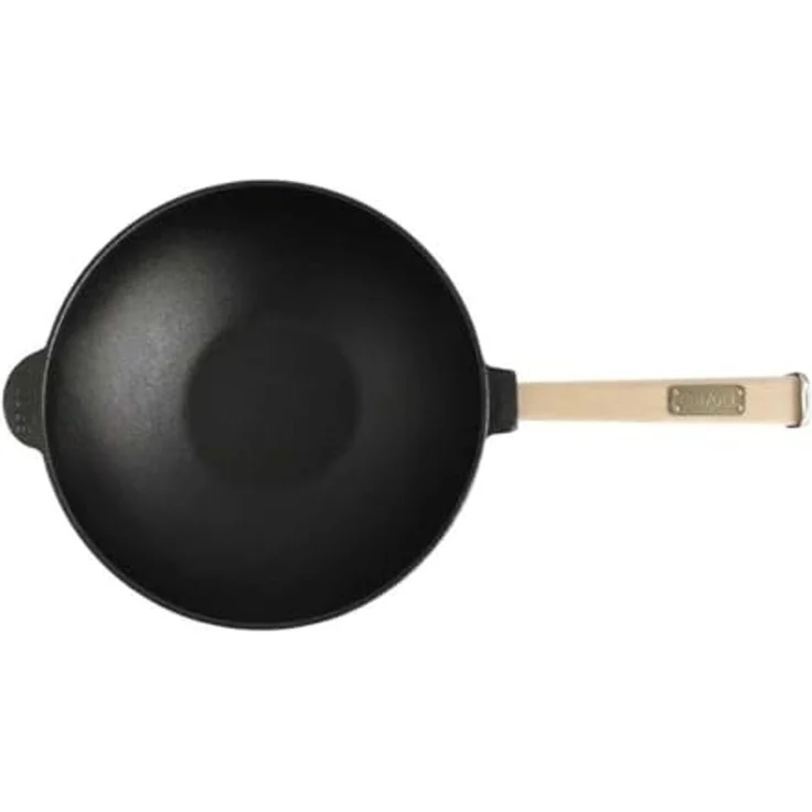 Wok Bratpfanne Ø26 cm 2,8 L aus Gusseisen mit Holzgriff Glasdeckel Asia Wokpfanne Induktion – Bild 5