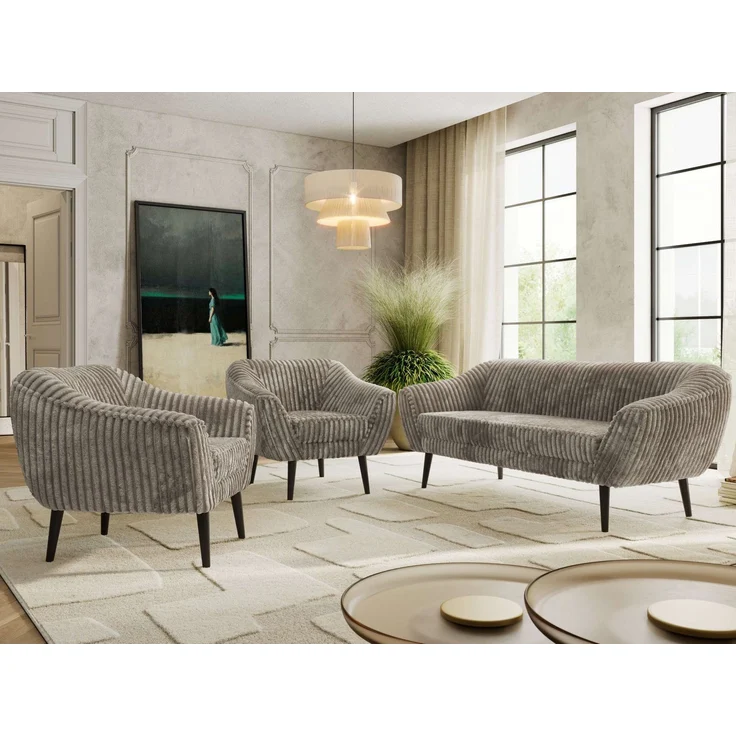 Wohnzimmerset PIRS 1-1-3, Skandinavisches 3-Sitzer Sofa mit Sesseln, Sofa mit Wellenfederung, schwarze Füße, Skandinavisches Möbelset - Hellbraun Cord – Bild 4