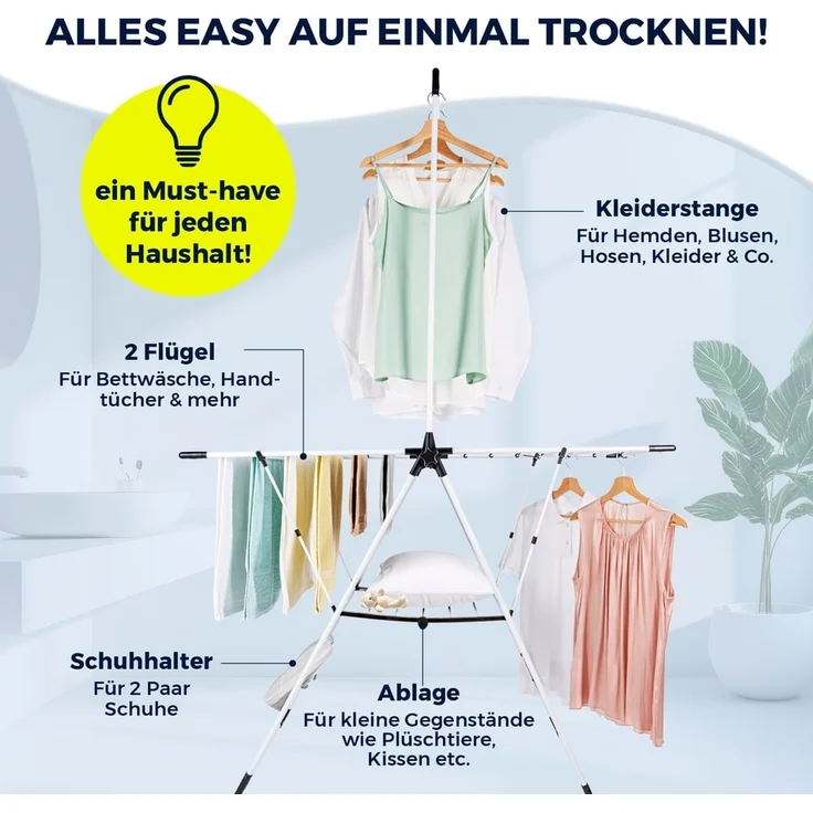 EASYmaxx Wäscheständer mit Kleiderstange 138x61x200cm schwarz/weiß klappbar – Bild 7