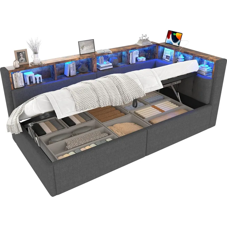 Stauraumbett mit LED-Beleuchtung, Lattenrost, Stauraum, Regal, USB und Type-C Anschlüssen, 90x200cm, Polsterbett, Einzelbett, Schlafsofa, Leinen