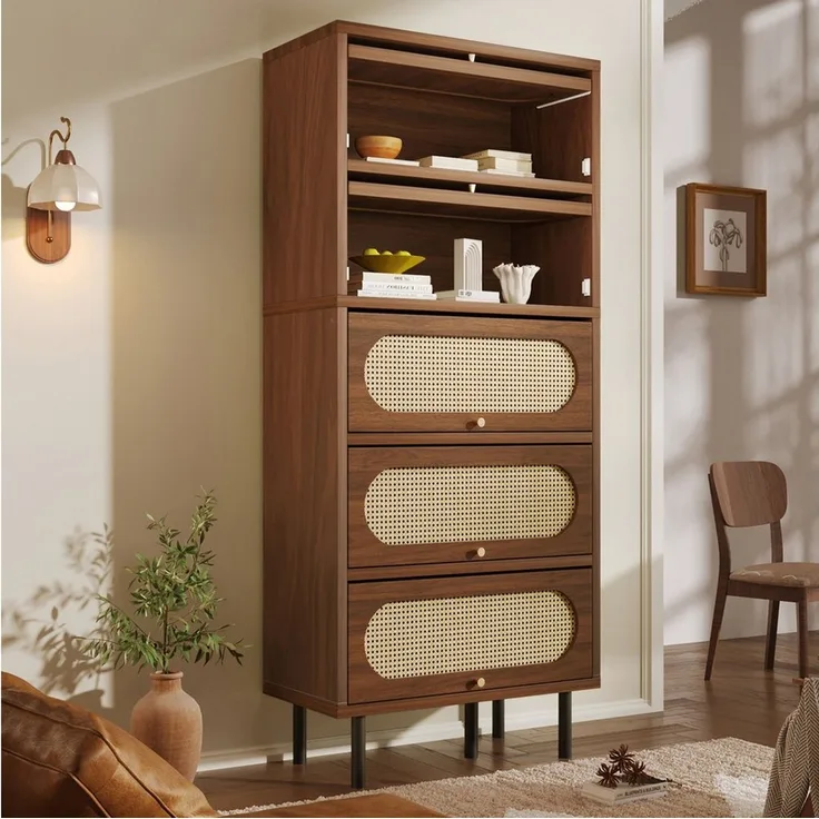 Flieks Hochschrank Kommode mit 5 Klappen und Rattantüren in Walnussholzfarbe (80x40x163 cm, 1-St, für Wohnzimmer, Schlafzimmer, Flur, Arbeitszimmer und Esszimmer) Mehrzweckschrank Sideboard Holzschrank Highboard, Metallbeine