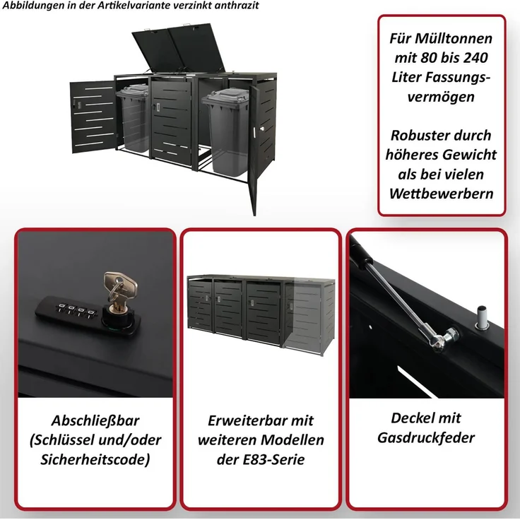 3er-Mülltonnenverkleidung HWC-E83, Mülltonnenbox Mülltonnenabdeckung, erweiterbar 117x197x80cm ~ Edelstahl 68kg – Bild 2