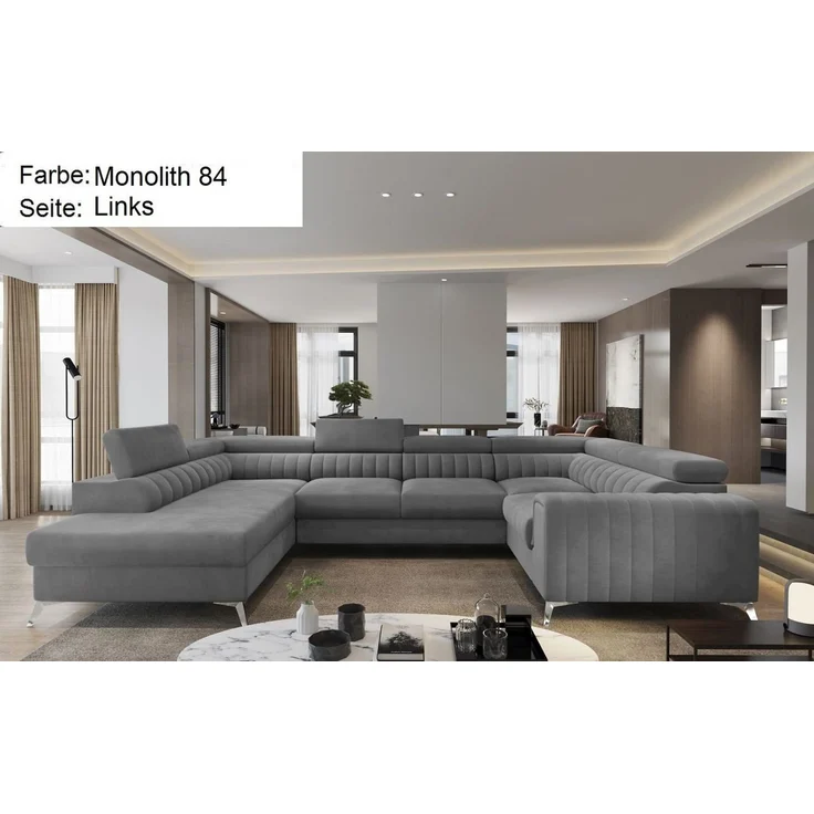 Lukas Möbel Wohnlandschaft Wohnlandschaft Linus mit Schlaffunktion Bettkasten XXL-Sofa in U-Form, mit verstellbaren Kopfstützen