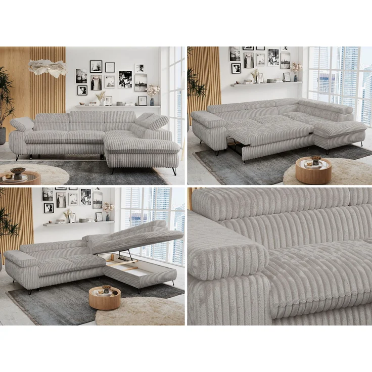 Mks Möbel 'Peter L-form' Ecksofa mit Bettfunktion, Bettkasten & einstellbaren Kopfstützen, Hellgrau, Cord, Jamit Topper rechts – Bild 2
