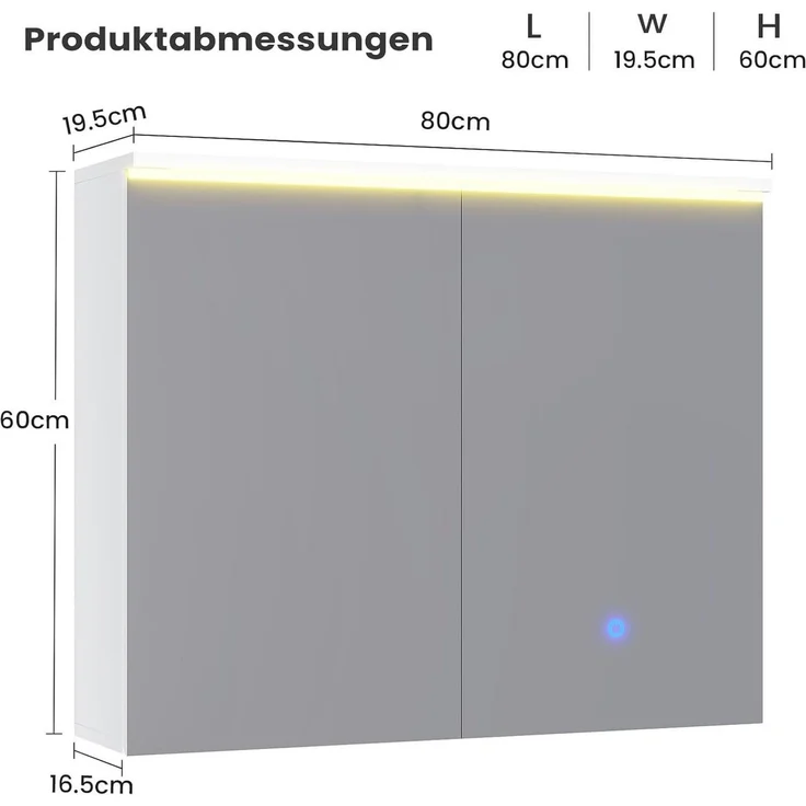 MSMASK Badezimmerspiegelschrank mit LED-Beleuchtung und Steckdose, Offenes Regal, 80 x 19,5 x 75.5 cm (1-St) 3-stufig höhenverstellbare Ablage – Bild 2