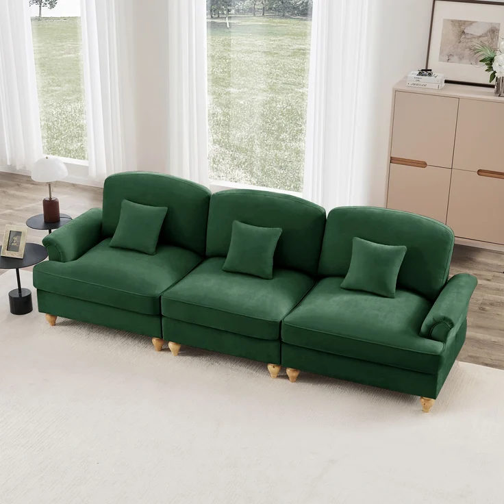 Elegantes Mid-Century 3-Sitzer Sofa, Chenille, Trichter-Armlehnen, abnehmbare Rüschenschürze, spindelförmige Beine, komfortables Sofa fürs Wohnzimmer, Grün – Bild 6