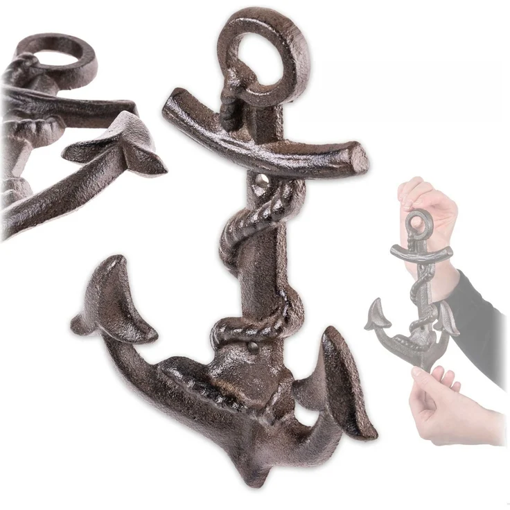 KADAX Anker Wandhaken aus Gusseisen 13,5 x 20 cm, maritime Wandgarderobe mit 2 Haken, Kleiderhaken für Badezimmer, Wanddekoration mit Garderobenhaken (Braun) – Bild 1