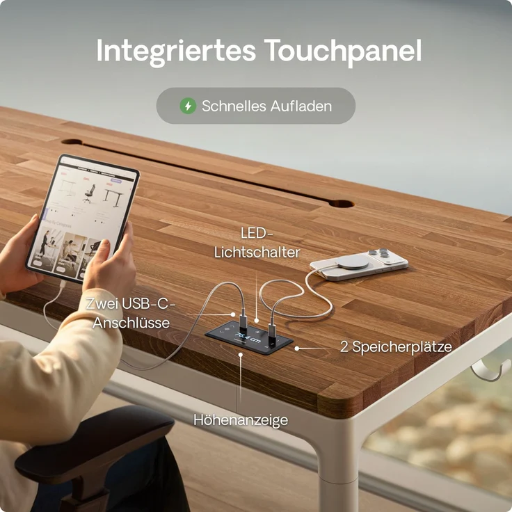 Desktronic Elektrisch höhenverstellbarer Schreibtisch HomeMax 160x80 cm Weiß/Massives Walnussholz mit Memory-Funktion, Anti-Kollisions Technologie, USB-A und USB-C-Ladeanschlüssen – Bild 8