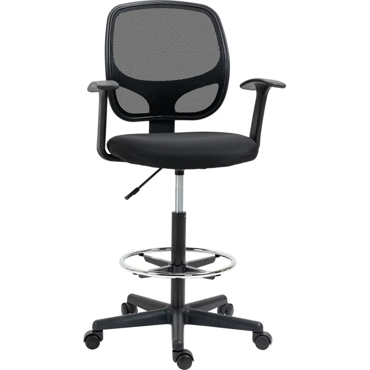 MELAYR, Zeichenstuhl mit Fußstütze 5 Rollen höhenverstellbar Stahl Mesh-Stoff Schwarz, 60 x 56 x 132 cm