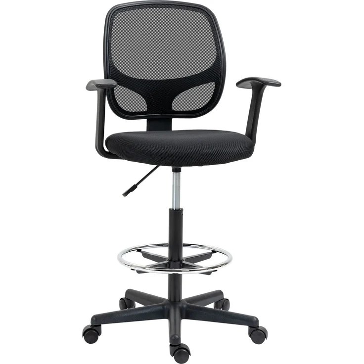 MELAYR, Zeichenstuhl mit Fußstütze 5 Rollen höhenverstellbar Stahl Mesh-Stoff Schwarz, 60 x 56 x 132 cm – Bild 1